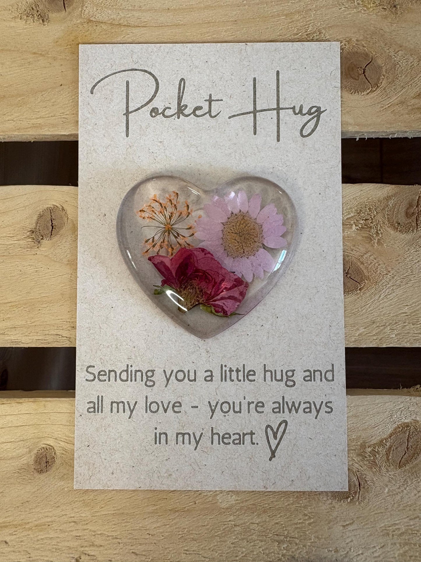 Pocket Hug with Pressed Flowers, Engraved Message on Quality Card | Flower Pocket Hug | Pressed Flower Pocket Hug | Heart Hug | Resin Heart