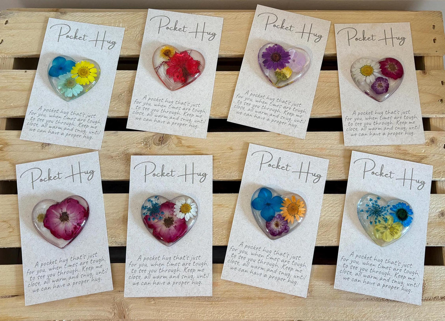 Pocket Hug with Pressed Flowers, Engraved Message on Quality Card | Flower Pocket Hug | Pressed Flower Pocket Hug | Heart Hug | Resin Heart