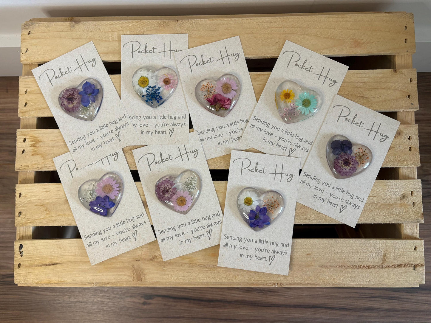 Pocket Hug with Pressed Flowers, Engraved Message on Quality Card | Flower Pocket Hug | Pressed Flower Pocket Hug | Heart Hug | Resin Heart