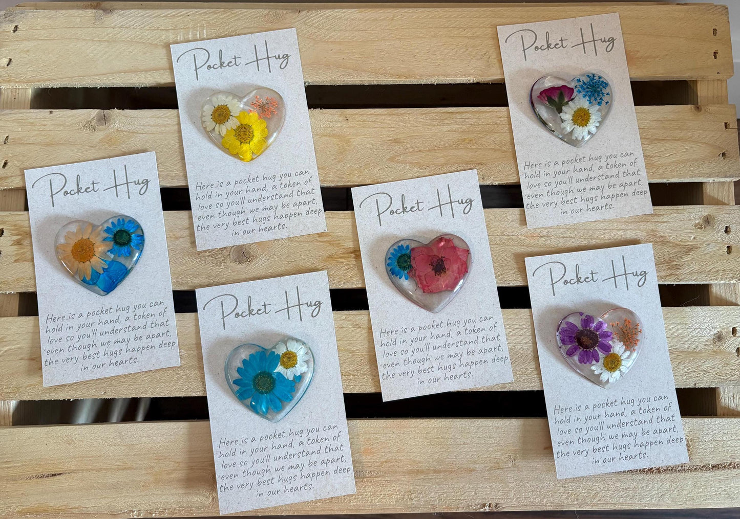 Pocket Hug with Pressed Flowers, Engraved Message on Quality Card | Flower Pocket Hug | Pressed Flower Pocket Hug | Heart Hug | Resin Heart