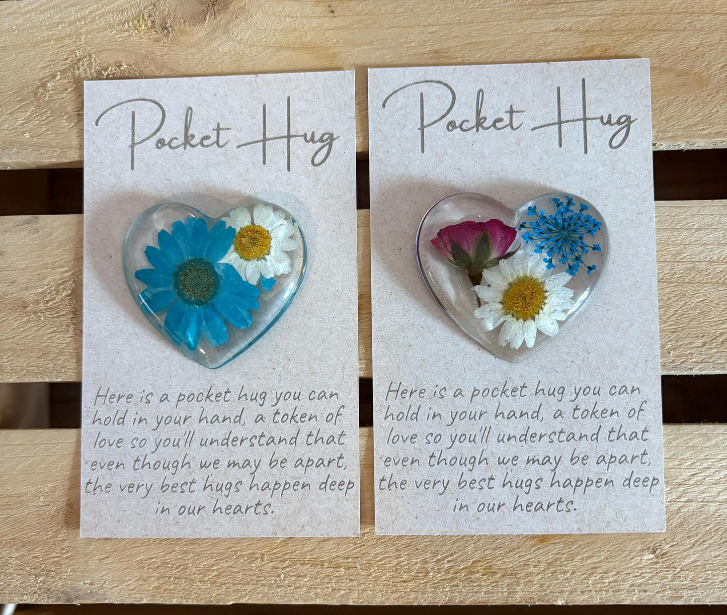 Pocket Hug with Pressed Flowers, Engraved Message on Quality Card | Flower Pocket Hug | Pressed Flower Pocket Hug | Heart Hug | Resin Heart