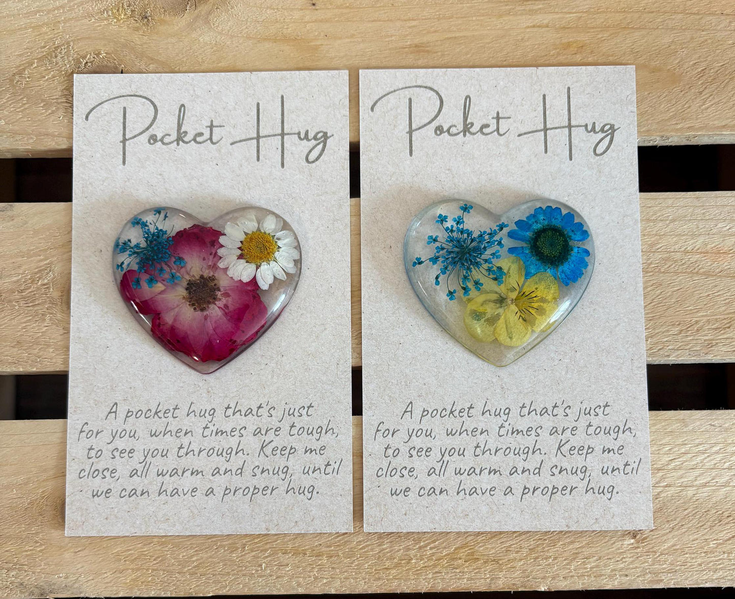 Pocket Hug with Pressed Flowers, Engraved Message on Quality Card | Flower Pocket Hug | Pressed Flower Pocket Hug | Heart Hug | Resin Heart