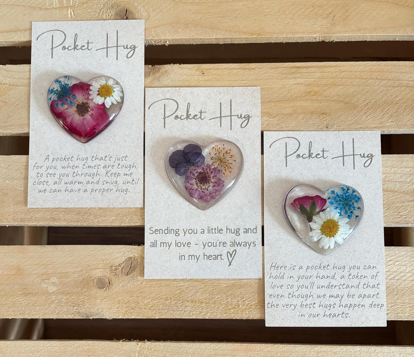 Pocket Hug with Pressed Flowers, Engraved Message on Quality Card | Flower Pocket Hug | Pressed Flower Pocket Hug | Heart Hug | Resin Heart