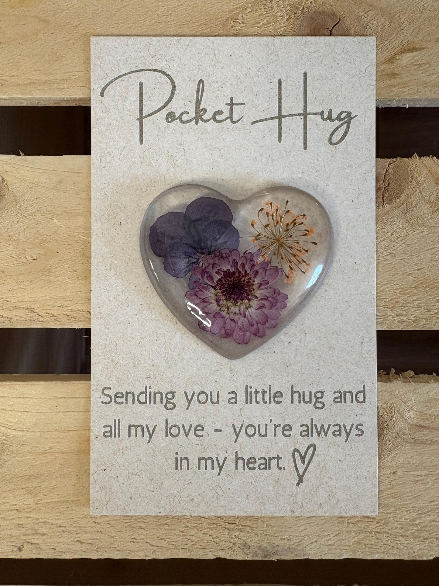 Pocket Hug with Pressed Flowers, Engraved Message on Quality Card | Flower Pocket Hug | Pressed Flower Pocket Hug | Heart Hug | Resin Heart