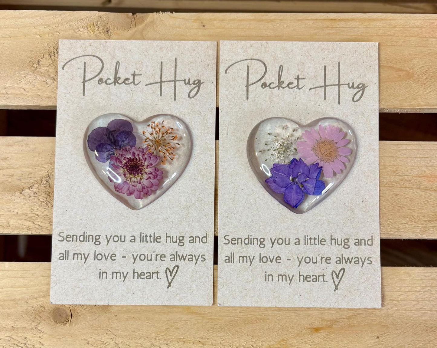 Pocket Hug with Pressed Flowers, Engraved Message on Quality Card | Flower Pocket Hug | Pressed Flower Pocket Hug | Heart Hug | Resin Heart